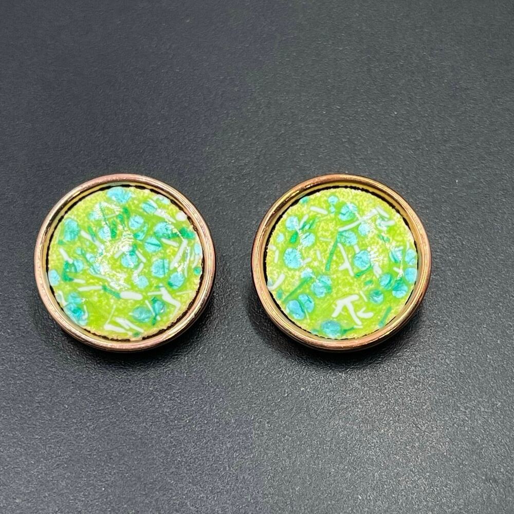 Matisse Renoir Vintage Green Enamel Copper Clip Earrings Round‎ Disc Speckled